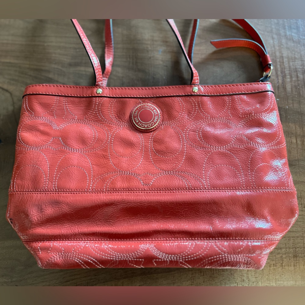 Coach F19198 Signature stitches patent leather tote. Coral